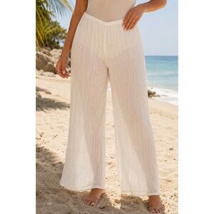437 Four Three Seven Ivory Crinkle Wide Leg Cover‎ Up Pants M Cream 100% Cotton